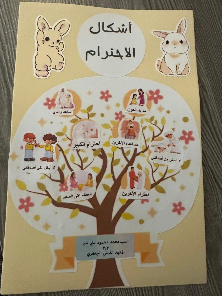 ملصق «أشكال الاحترام» — الطالب السيد محمد محمود علي شبر، الصف ٢/٣، المعهد الديني الجعفري؛ يوضح سلوكيات: أساعد والدي، مد يد العون، احترام الكبير، مساعدة الآخرين، لا أسخر من أصدقائي، لا أبخل على أصدقائي، العطف على الصغير، احترام الآخرين